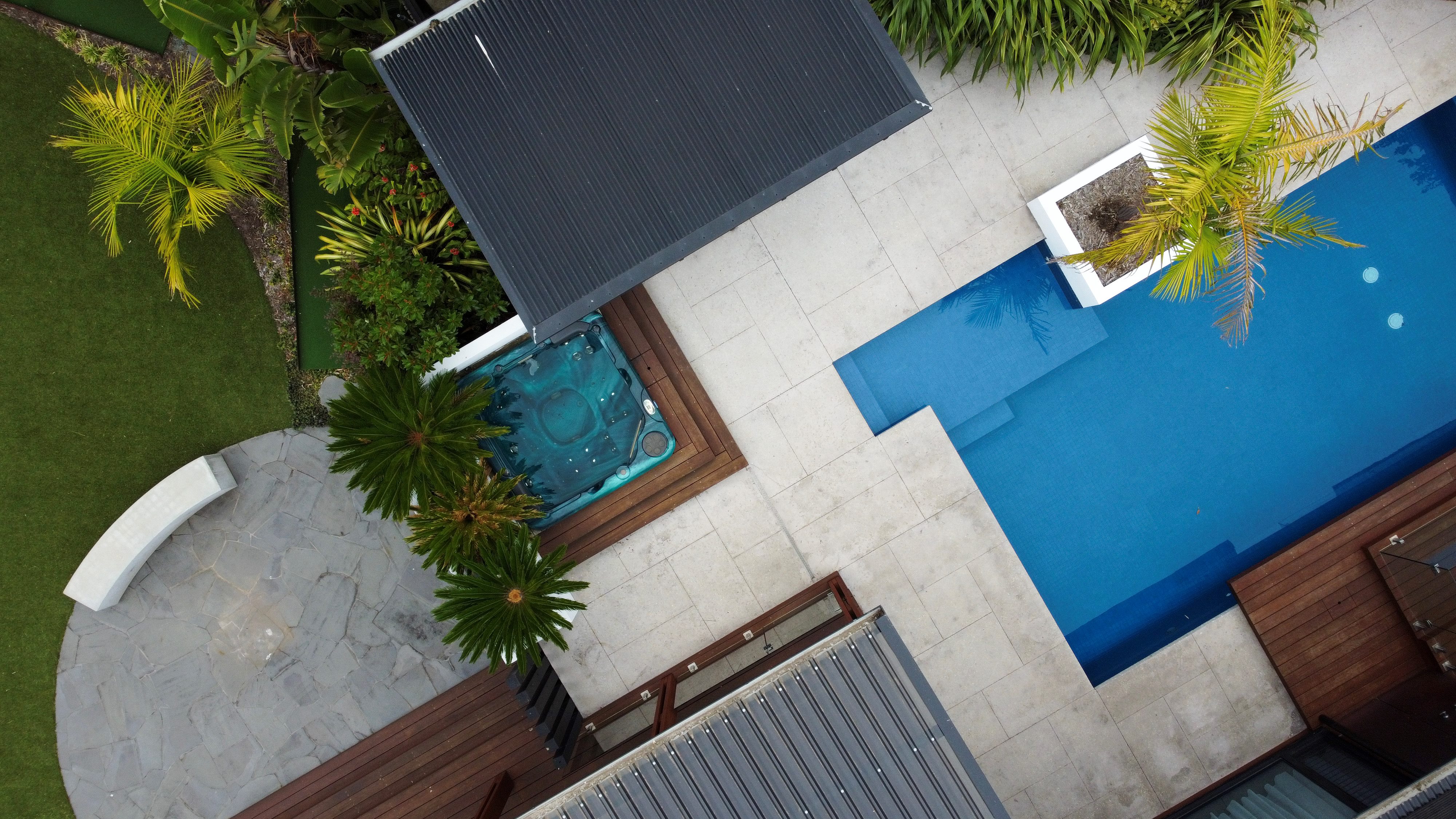 Pool, spa and deck birdseye view